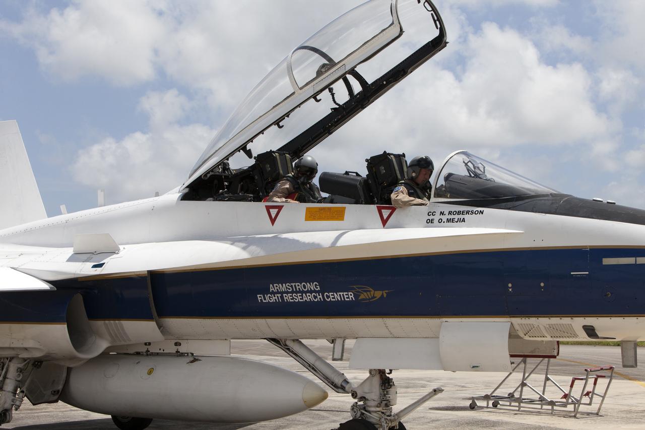 A NASA F-18 jet is prepared for takeoff from the agency's Shuttle Landing Facility at NASA's Kennedy Space Center in Florida. Several flights a day have been taking place the week of Aug. 21, 2017 to measure the effects of sonic booms. It is part of NASA's Sonic Booms in Atmospheric Turbulence, or SonicBAT II Program. NASA at Kennedy is partnering with the agency's Armstrong Flight Research Center in California, Langley Research Center in Virginia, and Space Florida for a program in which F-18 jets will take off from the Shuttle Landing Facility and fly at supersonic speeds while agency researchers measure the effects of low-altitude turbulence caused by sonic booms.