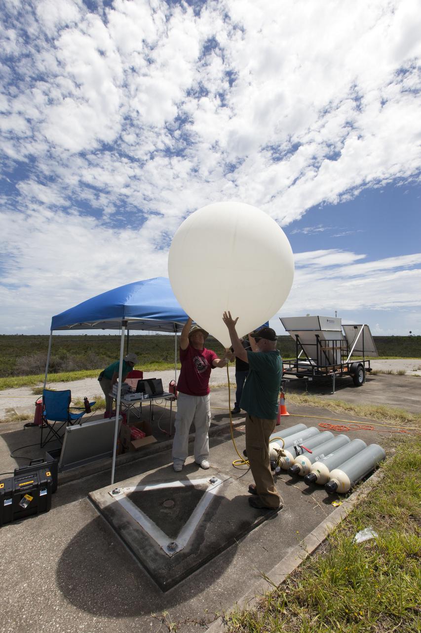 A weather balloon is about to be released at NASA's Kennedy Space Center in Florida before flights of agency F-18 jets to measure the effects of sonic booms. Several flights a day have been taking place the week of Aug. 21, 2017 as part of NASA's Sonic Booms in Atmospheric Turbulence, or SonicBAT II Program. NASA at Kennedy is partnering with the agency's Armstrong Flight Research Center in California, Langley Research Center in Virginia, and Space Florida for a program in which F-18 jets will take off from the Shuttle Landing Facility and fly at supersonic speeds while agency researchers measure the effects of low-altitude turbulence caused by sonic booms.