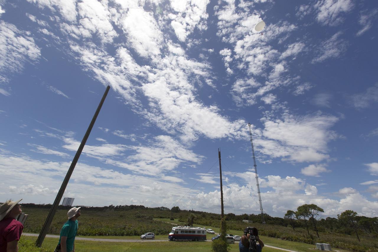 A weather balloon is released at NASA's Kennedy Space Center in Florida before flights of agency F-18 jets to measure the effects of sonic booms. Several flights a day have been taking place the week of Aug. 21, 2017 as part of NASA's Sonic Booms in Atmospheric Turbulence, or SonicBAT II Program. NASA at Kennedy is partnering with the agency's Armstrong Flight Research Center in California, Langley Research Center in Virginia, and Space Florida for a program in which F-18 jets will take off from the Shuttle Landing Facility and fly at supersonic speeds while agency researchers measure the effects of low-altitude turbulence caused by sonic booms.