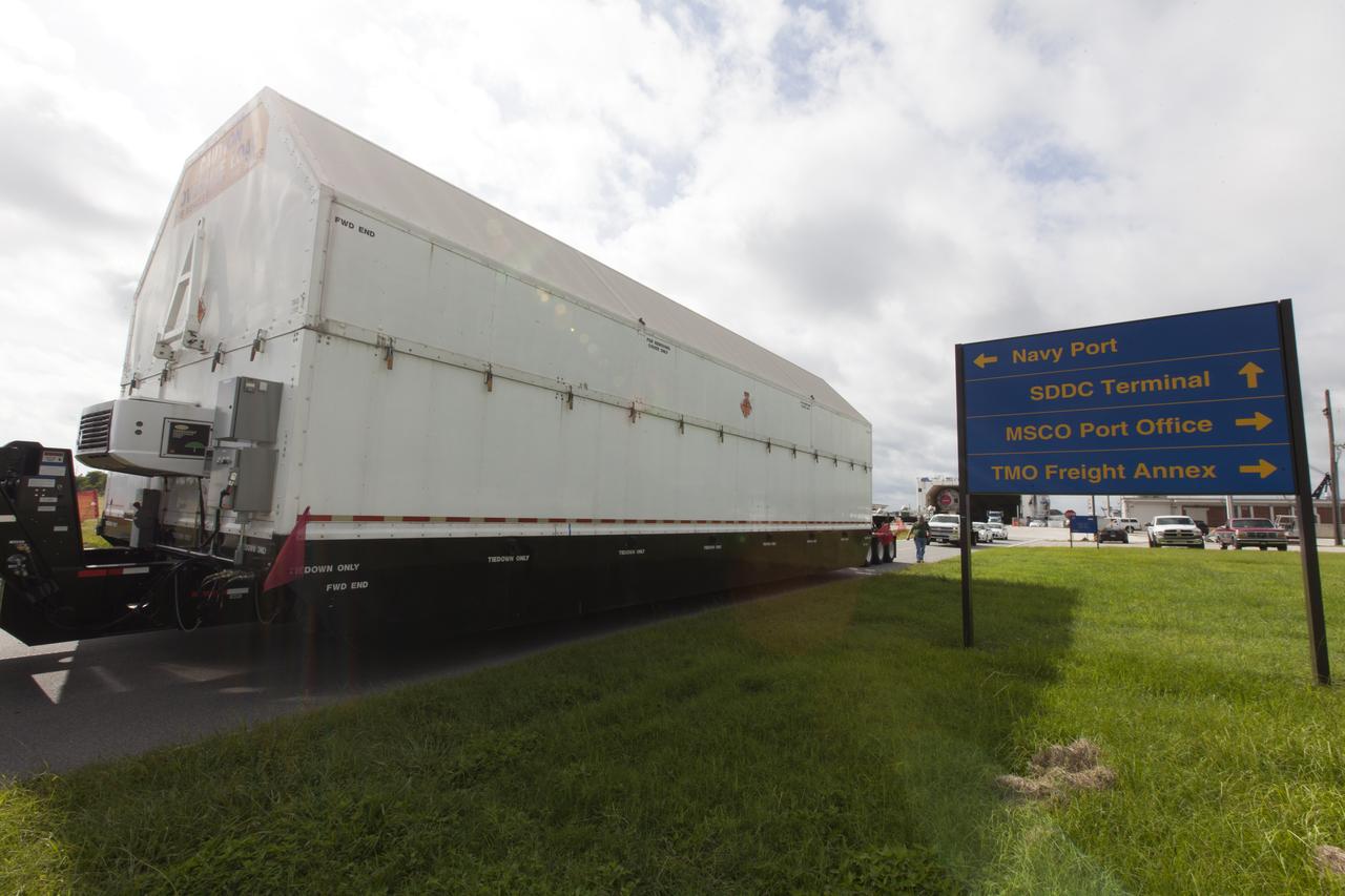 A United Launch Alliance Delta IV Heavy second stage, packaged in its shipping container, has been offloaded from the company's Mariner ship at Port Canaveral in Florida. It will be transported to the Horizontal Integration Facility at Cape Canaveral Air Force Station for preflight processing. The Delta IV Heavy will launch NASA's upcoming Parker Solar Probe mission. The mission will perform the closest-ever observations of a star when it travels through the Sun's atmosphere, called the corona. The probe will rely on measurements and imaging to revolutionize our understanding of the corona and the Sun-Earth connection. Liftoff atop the Delta IV Heavy rocket is scheduled to take place from Cape Canaveral's Space Launch Complex 37 in summer 2018.