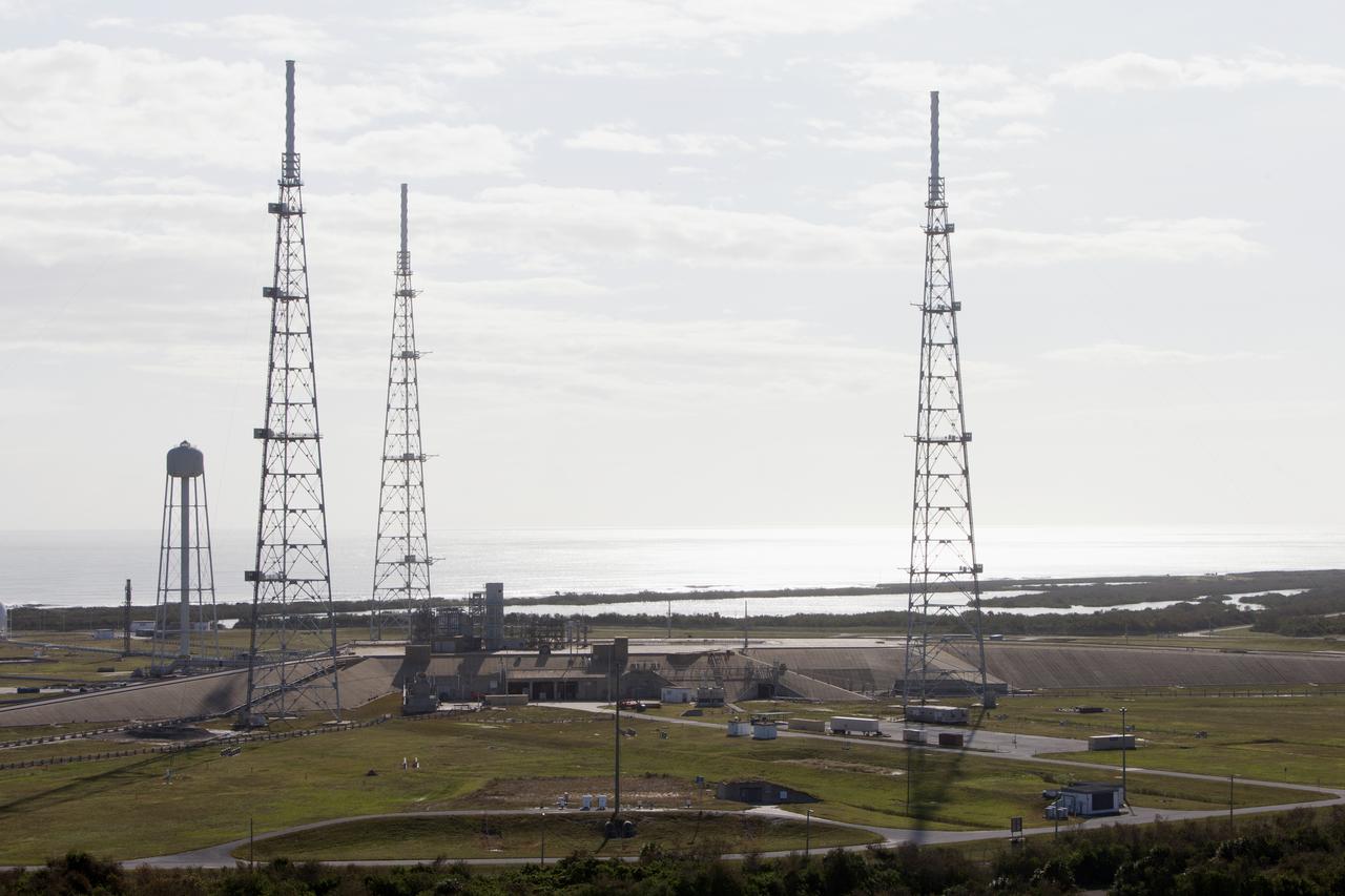 Launch Complex 39B is seen during an aerial survey of NASA's Kennedy Space Center in Florida on September 12, 2017. The survey was performed to identify structures and facilities that may have sustained damage from Hurricane Irma as the storm passed Kennedy on September 10, 2017. NASA closed the center ahead of the storm's onset and only a small team of specialists known as the Rideout Team was on the center as the storm approached and passed.