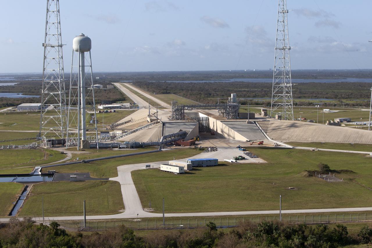 Launch Complex 39B is seen during an aerial survey of NASA's Kennedy Space Center in Florida on September 12, 2017. The survey was performed to identify structures and facilities that may have sustained damage from Hurricane Irma as the storm passed Kennedy on September 10, 2017. NASA closed the center ahead of the storm's onset and only a small team of specialists known as the Rideout Team was on the center as the storm approached and passed.