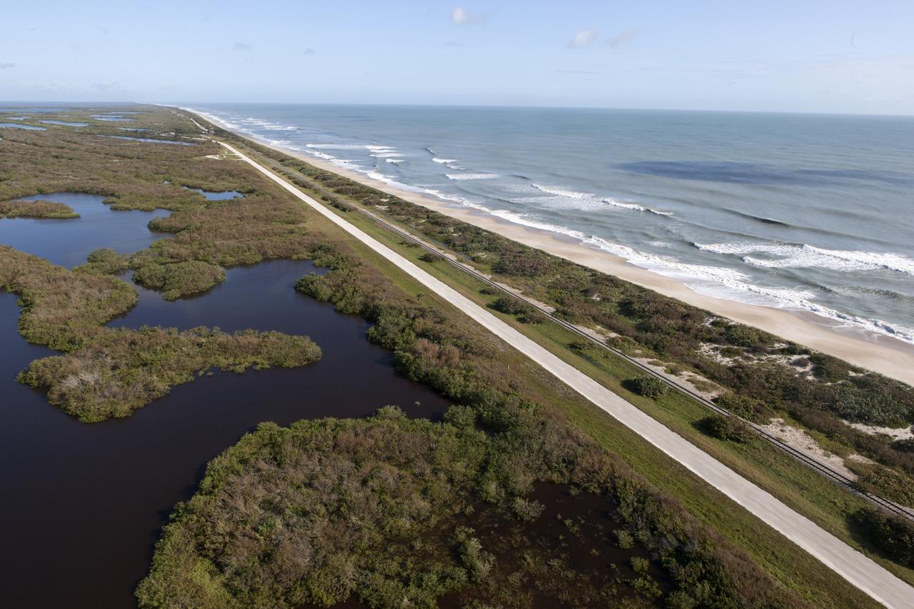 The shoreline is seen during an aerial survey of NASA's Kennedy Space Center in Florida on September 12, 2017. The survey was performed to identify structures and facilities that may have sustained damage from Hurricane Irma as the storm passed Kennedy on September 10, 2017. NASA closed the center ahead of the storm's onset and only a small team of specialists known as the Rideout Team was on the center as the storm approached and passed.