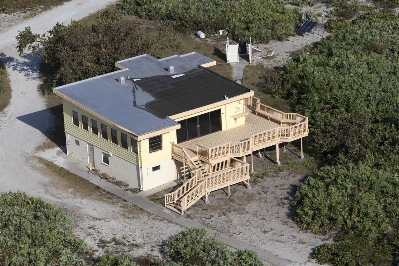 The Beach House is seen during an aerial survey of NASA's Kennedy Space Center in Florida on September 12, 2017. The survey was performed to identify structures and facilities that may have sustained damage from Hurricane Irma as the storm passed Kennedy on September 10, 2017. NASA closed the center ahead of the storm's onset and only a small team of specialists known as the Rideout Team was on the center as the storm approached and passed.