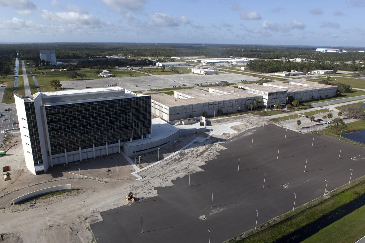 The Central Campus construction site and Headquarters building are seen during an aerial survey of NASA's Kennedy Space Center in Florida on September 12, 2017. The survey was performed to identify structures and facilities that may have sustained damage from Hurricane Irma as the storm passed Kennedy on September 10, 2017. NASA closed the center ahead of the storm's onset and only a small team of specialists known as the Rideout Team was on the center as the storm approached and passed.
