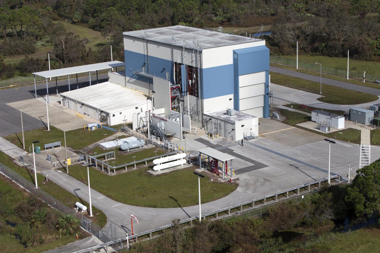 The Multi-Payload Processing Facility (MPPF) is seen during an aerial survey of NASA's Kennedy Space Center in Florida on September 12, 2017. The survey was performed to identify structures and facilities that may have sustained damage from Hurricane Irma as the storm passed Kennedy on September 10, 2017. NASA closed the center ahead of the storm's onset and only a small team of specialists known as the Rideout Team was on the center as the storm approached and passed.