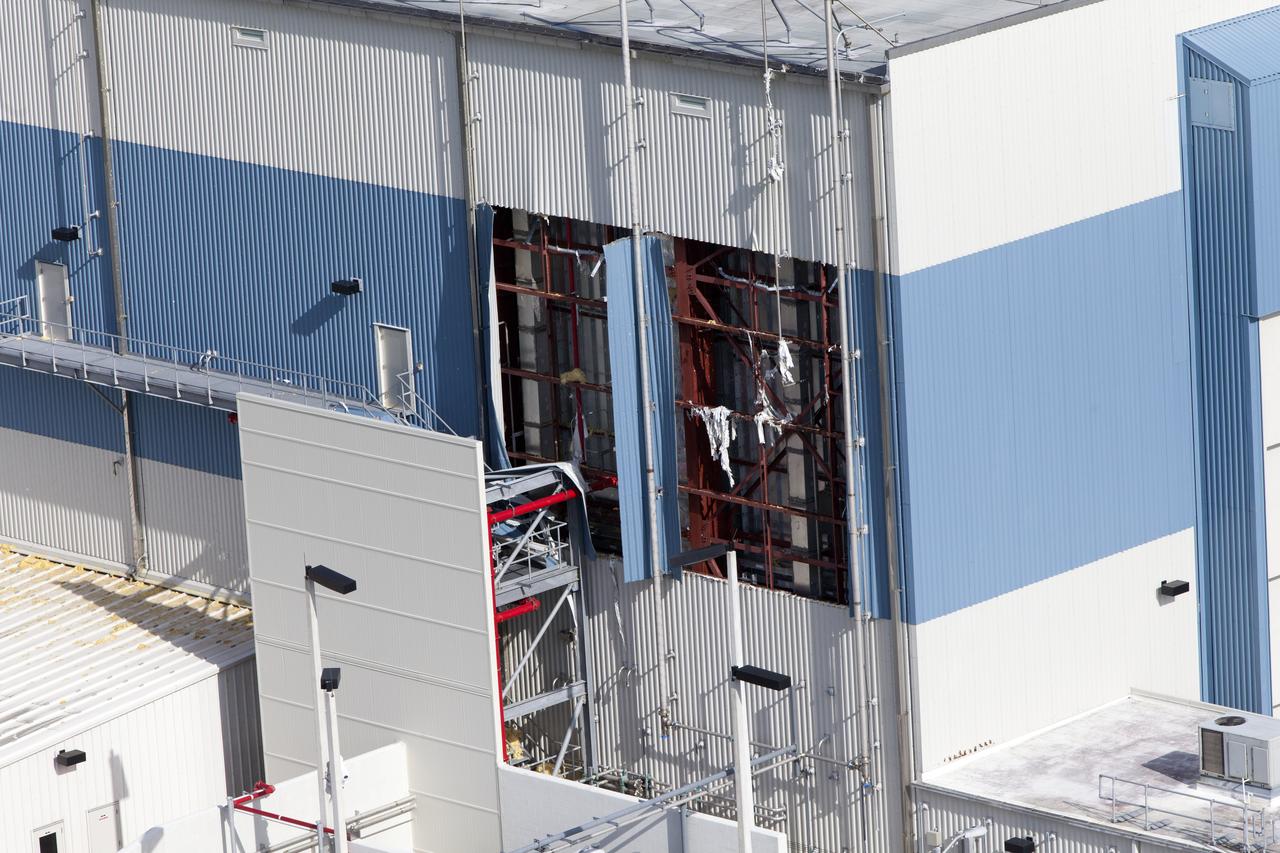The Multi-Payload Processing Facility (MPPF) is seen during an aerial survey of NASA's Kennedy Space Center in Florida on September 12, 2017. The survey was performed to identify structures and facilities that may have sustained damage from Hurricane Irma as the storm passed Kennedy on September 10, 2017. NASA closed the center ahead of the storm's onset and only a small team of specialists known as the Rideout Team was on the center as the storm approached and passed.