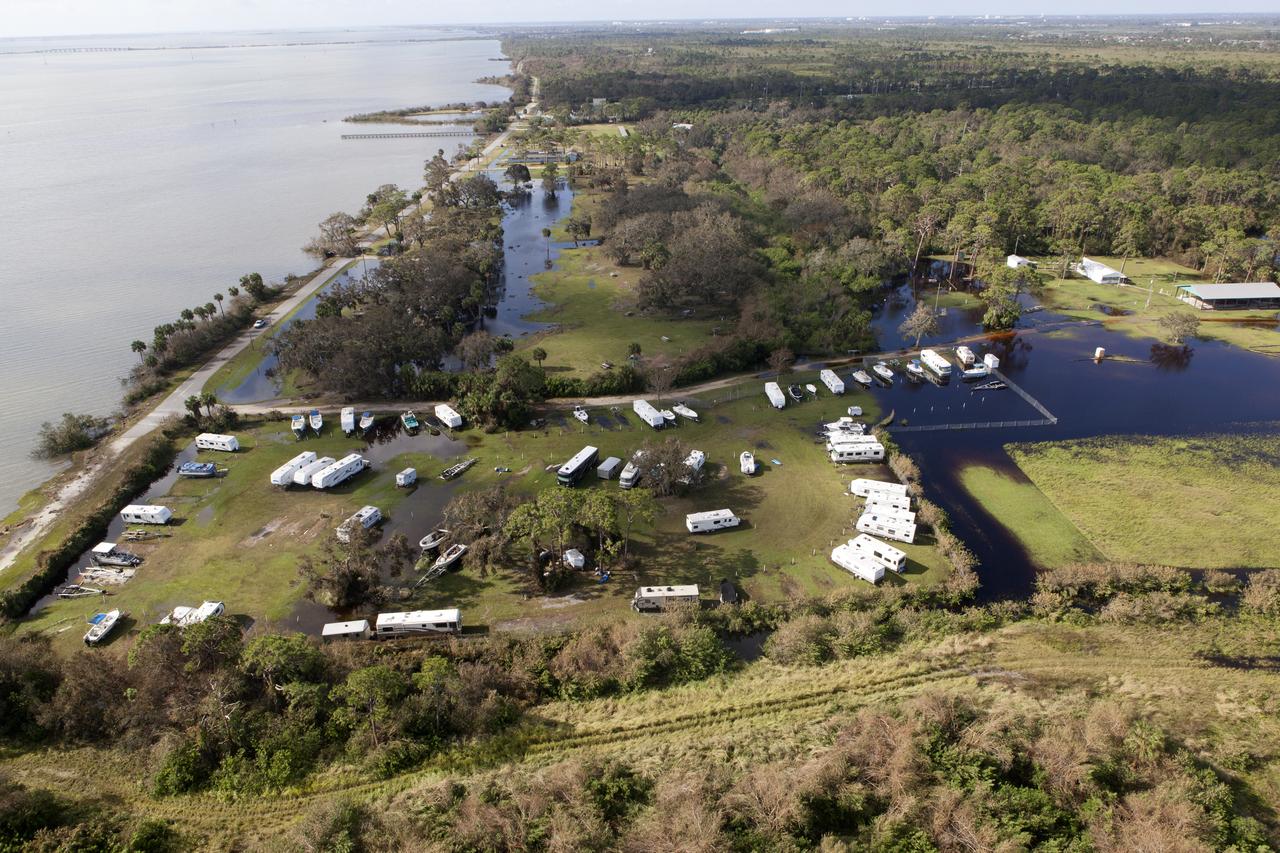 Kars Park I is seen during an aerial survey of NASA's Kennedy Space Center in Florida on September 12, 2017. The survey was performed to identify structures and facilities that may have sustained damage from Hurricane Irma as the storm passed Kennedy on September 10, 2017. NASA closed the center ahead of the storm's onset and only a small team of specialists known as the Rideout Team was on the center as the storm approached and passed.
