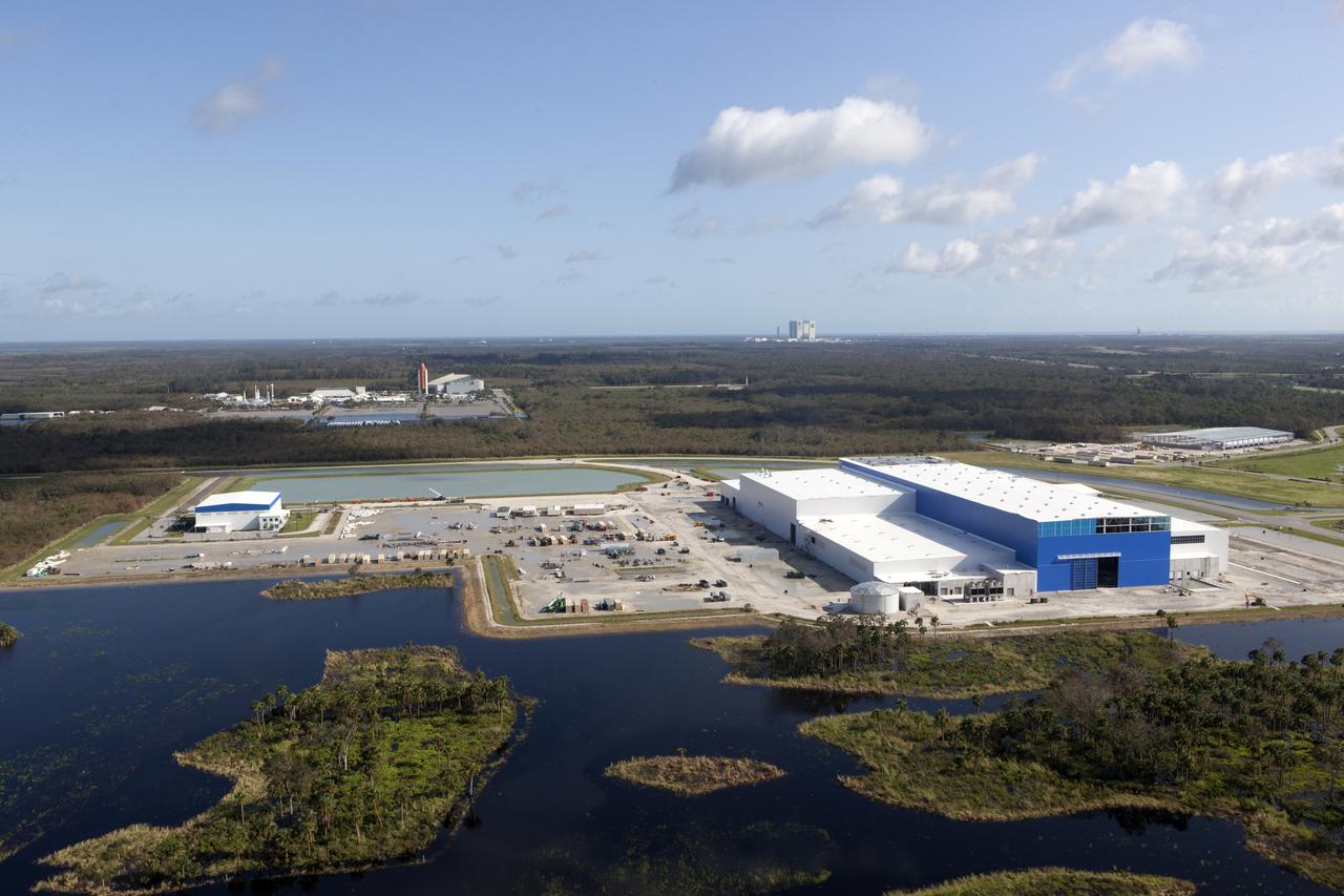 The Blue Origin construction site at Exploration Park is seen during an aerial survey of NASA's Kennedy Space Center in Florida on September 12, 2017. The survey was performed to identify structures and facilities that may have sustained damage from Hurricane Irma as the storm passed Kennedy on September 10, 2017. NASA closed the center ahead of the storm's onset and only a small team of specialists known as the Rideout Team was on the center as the storm approached and passed.