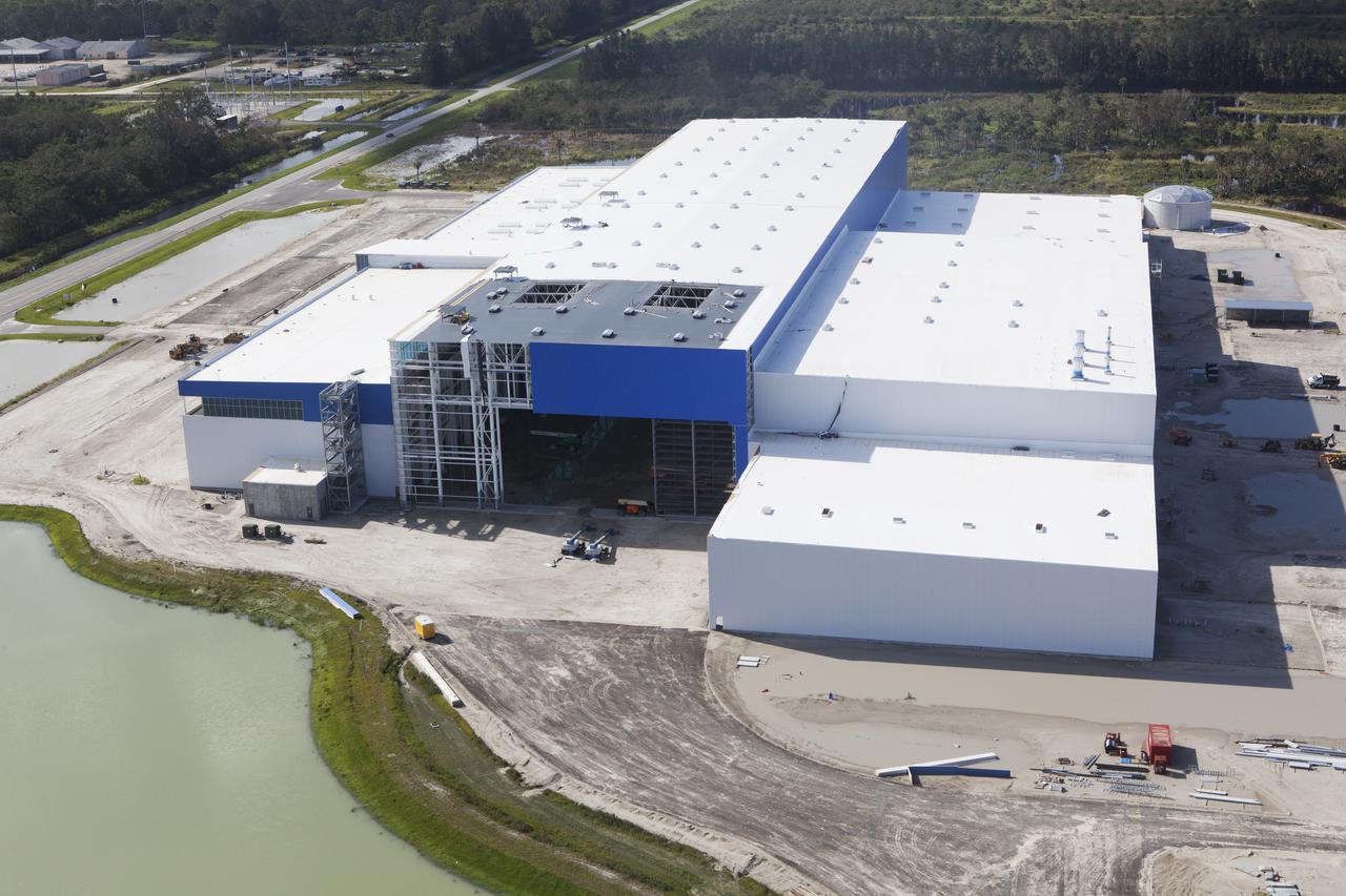The Blue Origin construction site at Exploration Park is seen during an aerial survey of NASA's Kennedy Space Center in Florida on September 12, 2017. The survey was performed to identify structures and facilities that may have sustained damage from Hurricane Irma as the storm passed Kennedy on September 10, 2017. NASA closed the center ahead of the storm's onset and only a small team of specialists known as the Rideout Team was on the center as the storm approached and passed.