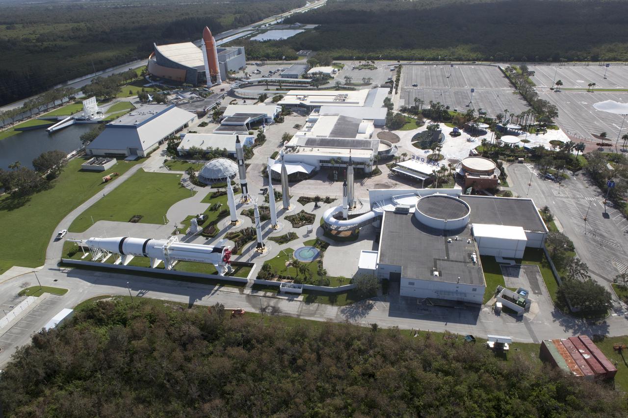 The Kennedy Space Center Visitor Complex is seen during an aerial survey of NASA's Kennedy Space Center in Florida on September 12, 2017. The survey was performed to identify structures and facilities that may have sustained damage from Hurricane Irma as the storm passed Kennedy on September 10, 2017. NASA closed the center ahead of the storm's onset and only a small team of specialists known as the Rideout Team was on the center as the storm approached and passed.