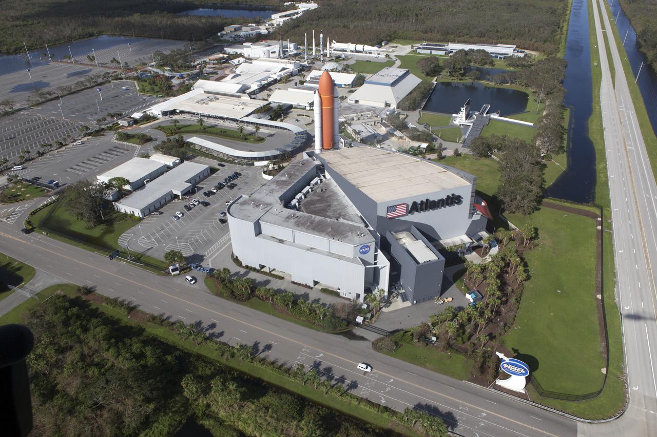 The Kennedy Space Center Visitor Complex is seen during an aerial survey of NASA's Kennedy Space Center in Florida on September 12, 2017. The survey was performed to identify structures and facilities that may have sustained damage from Hurricane Irma as the storm passed Kennedy on September 10, 2017. NASA closed the center ahead of the storm's onset and only a small team of specialists known as the Rideout Team was on the center as the storm approached and passed.