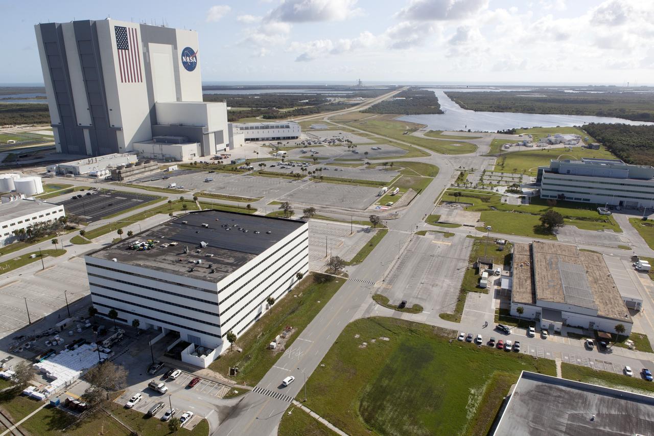 Launch Complex 39 surrounding areas are seen during an aerial survey of NASA's Kennedy Space Center in Florida on September 12, 2017. The survey was performed to identify structures and facilities that may have sustained damage from Hurricane Irma as the storm passed Kennedy on September 10, 2017. NASA closed the center ahead of the storm's onset and only a small team of specialists known as the Rideout Team was on the center as the storm approached and passed.
