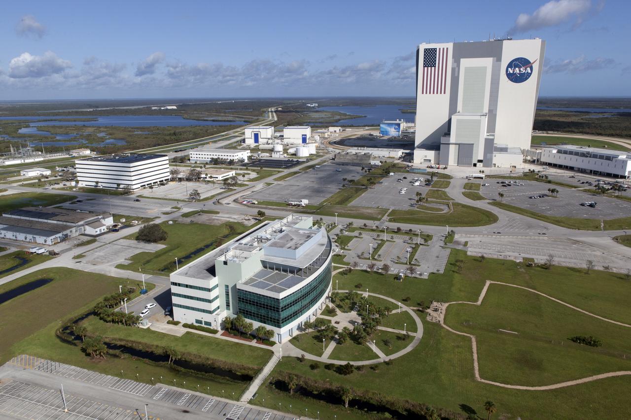 Launch Complex 39 surrounding areas are seen during an aerial survey of NASA's Kennedy Space Center in Florida on September 12, 2017. The survey was performed to identify structures and facilities that may have sustained damage from Hurricane Irma as the storm passed Kennedy on September 10, 2017. NASA closed the center ahead of the storm's onset and only a small team of specialists known as the Rideout Team was on the center as the storm approached and passed.