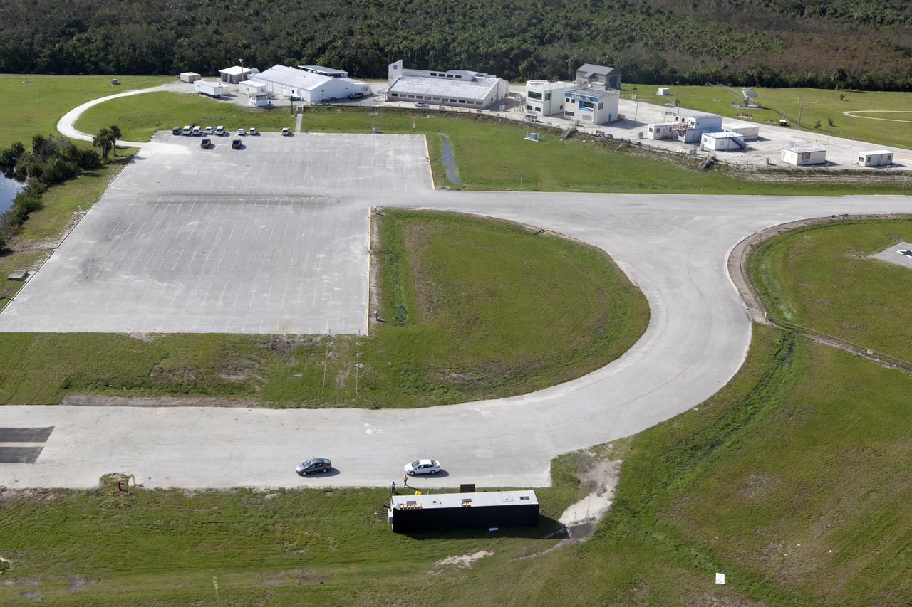 The Launch Complex 39 Press Site is seen during an aerial survey of NASA's Kennedy Space Center in Florida on September 12, 2017. The survey was performed to identify structures and facilities that may have sustained damage from Hurricane Irma as the storm passed Kennedy on September 10, 2017. NASA closed the center ahead of the storm's onset and only a small team of specialists known as the Rideout Team was on the center as the storm approached and passed.