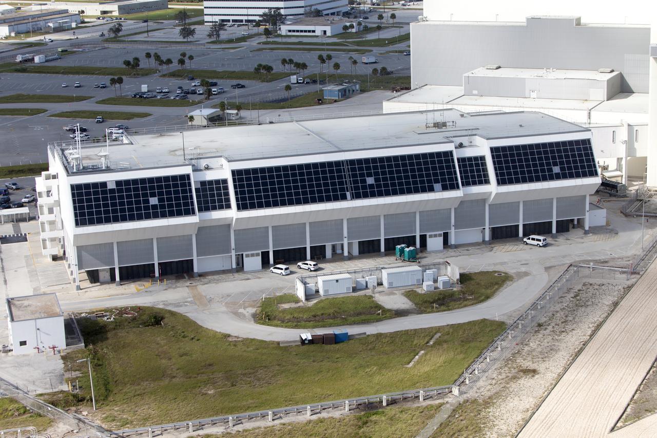 The Launch Control Center (LCC) is seen during an aerial survey of NASA's Kennedy Space Center in Florida on September 12, 2017. The survey was performed to identify structures and facilities that may have sustained damage from Hurricane Irma as the storm passed Kennedy on September 10, 2017. NASA closed the center ahead of the storm's onset and only a small team of specialists known as the Rideout Team was on the center as the storm approached and passed.
