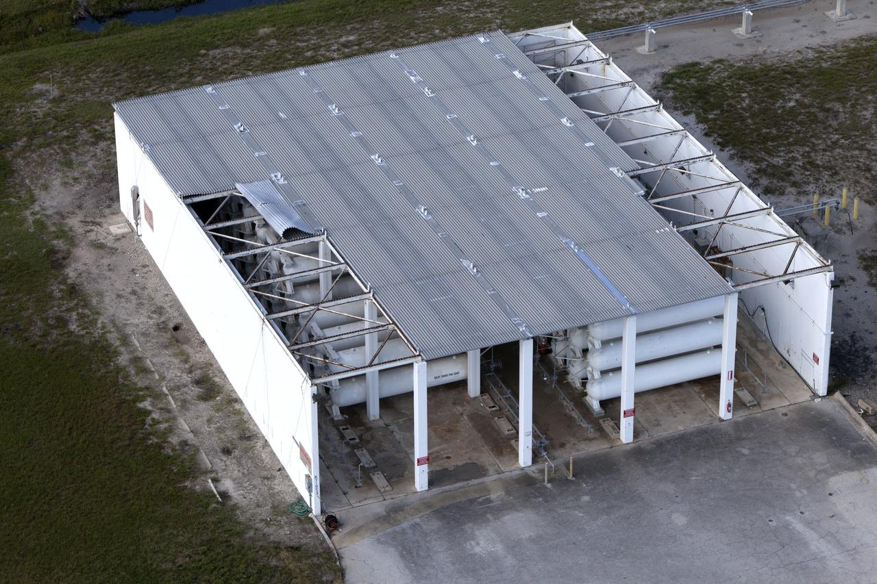 A tank stroage unit near Launch Complex 39 is seen during an aerial survey of NASA's Kennedy Space Center in Florida on September 12, 2017. The survey was performed to identify structures and facilities that may have sustained damage from Hurricane Irma as the storm passed Kennedy on September 10, 2017. NASA closed the center ahead of the storm's onset and only a small team of specialists known as the Rideout Team was on the center as the storm approached and passed.
