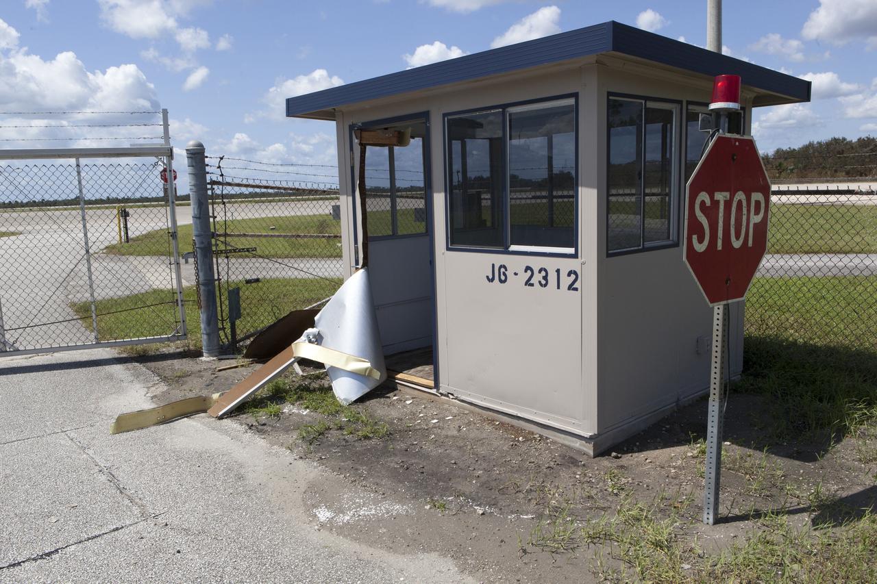 A guard shack at the Shuttle Landing Facility, operated by Space Florida, is seen during a survey of NASA's Kennedy Space Center in Florida on September 12, 2017. The survey was performed to identify structures and facilities that may have sustained damage from Hurricane Irma as the storm passed Kennedy on September 10, 2017. NASA closed the center ahead of the storm's onset and only a small team of specialists known as the Rideout Team was on the center as the storm approached and passed.