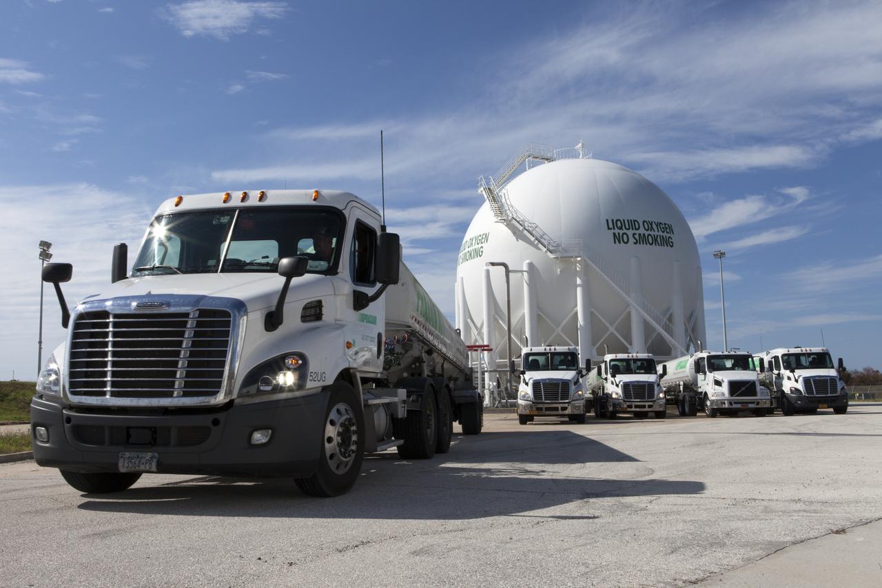 Several Praxair trucks begin to depart Launch Pad 39B at NASA's Kennedy Space Center in Florida, after offloading their loads of liquid oxygen, or LO2, one at a time into the giant storage sphere located at the northwest corner of the pad. The sphere was gradually chilled down from normal temperature to about negative 298 degrees Fahrenheit, during the first major integrated operation to prepare for the launch of the agency's Orion spacecraft atop the Space Launch System (SLS) rocket. The Ground Systems Development and Operations Program is overseeing upgrades and modifications to pad B to support the launch of the SLS and Orion spacecraft for Exploration Mission-1, deep space missions and NASA’s journey to Mars.