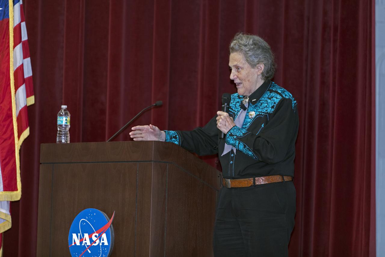 Dr. Temple Grandin addresses employees as the keynote speaker at Kennedy Space Center's annual National Disability Employment Awareness Month (NDEAM) event. A prominent author and speaker on animal behavior and autism, she is a professor of animal science at Colorado State University in Fort Collins, Colorado. Kennedy's Disability Awareness and Action Working Group partnered with the Kennedy Networking Opportunities for Women group to sponsor the presentation.