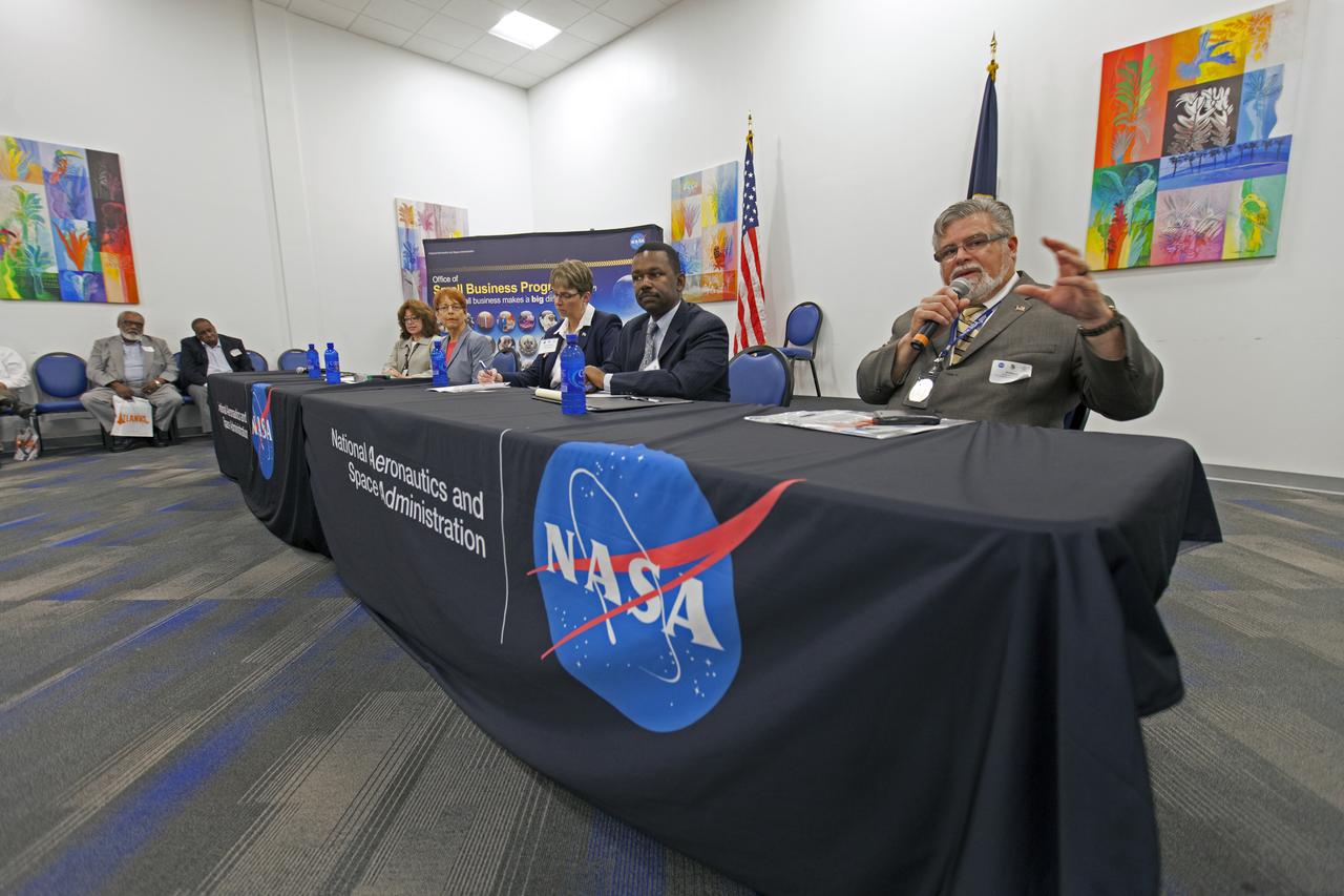 A Small Business panel discussion was held during Kennedy Space Center's 27th Business Opportunities Expo held at Cruise Terminal 5 at Port Canaveral in Florida. Seated at the table, from left, are Ileana Serrano, data dissemination specialist, U.S. Census Bureau; Margot Dorfman, chief executive officer, U.S. Women's Chamber of Commerce; Valerie Muck, Small Business director; U.S. Air Force; Andrew Harold, co-founder and board chairman, Florida 8(a) Alliance; and Eduardo Ramos, senior area manager, U.S. Small Business Administration. The event featured more than 180 businesses, large and small, and government exhibitors from throughout the Space Coast and the nation. The Business Opportunities Expo is sponsored by the NASA KSC Prime Contractor Board, KSC Industry Assistance Office, 45th Space Wing and Canaveral Port Authority. Exhibitors included vendors from a variety of product and service areas, such as computer technology, engineering services, communication equipment and services, and construction and safety products, to name a few. Representatives from the 45th Space Wing, KSC prime contractors, NASA and many more agencies and organizations were on hand to provide information and answer questions. 