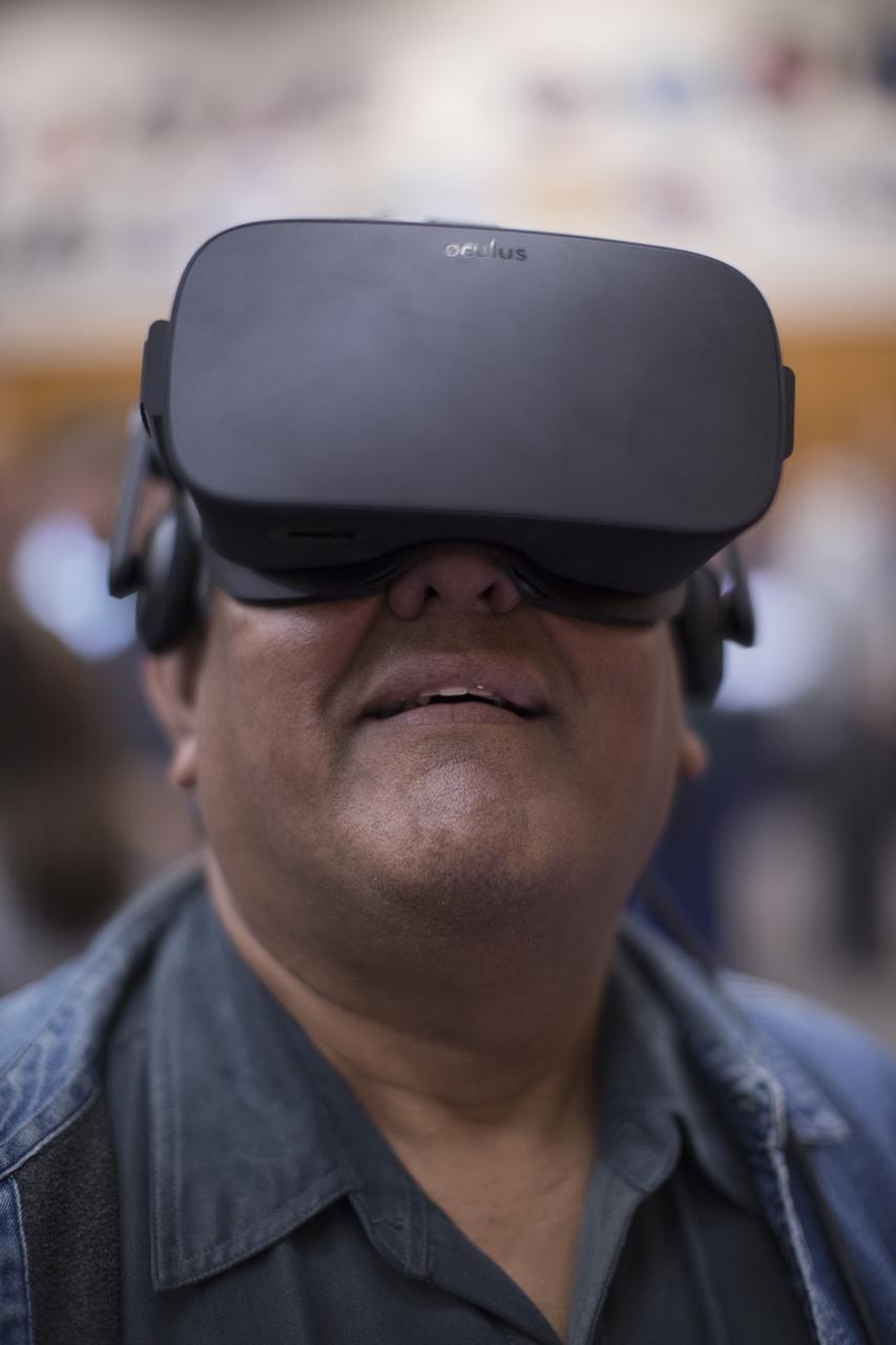 A worker tries out a virtual reality experience during the 2017 Innovation Expo at NASA's Kennedy Space Center in Florida. The purpose of the annual two-day event is to help foster innovation and creativity among the Kennedy workforce. The event included several keynote speakers, training opportunities, an innovation showcase and the KSC Kickstart competition.