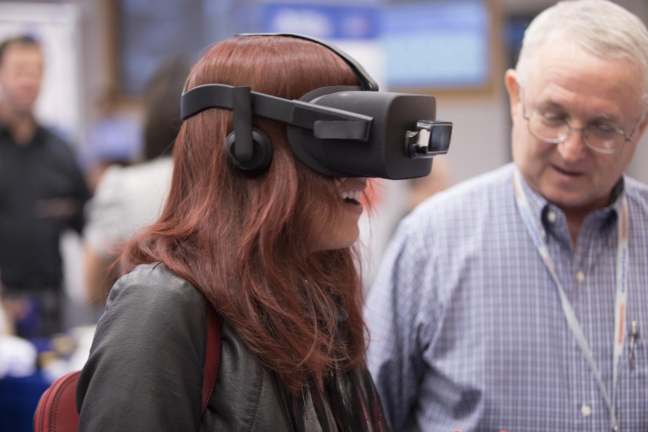 A worker tries out a virtual reality experience during the 2017 Innovation Expo at NASA's Kennedy Space Center in Florida. The purpose of the annual two-day event is to help foster innovation and creativity among the Kennedy workforce. The event included several keynote speakers, training opportunities, an innovation showcase and the KSC Kickstart competition. 