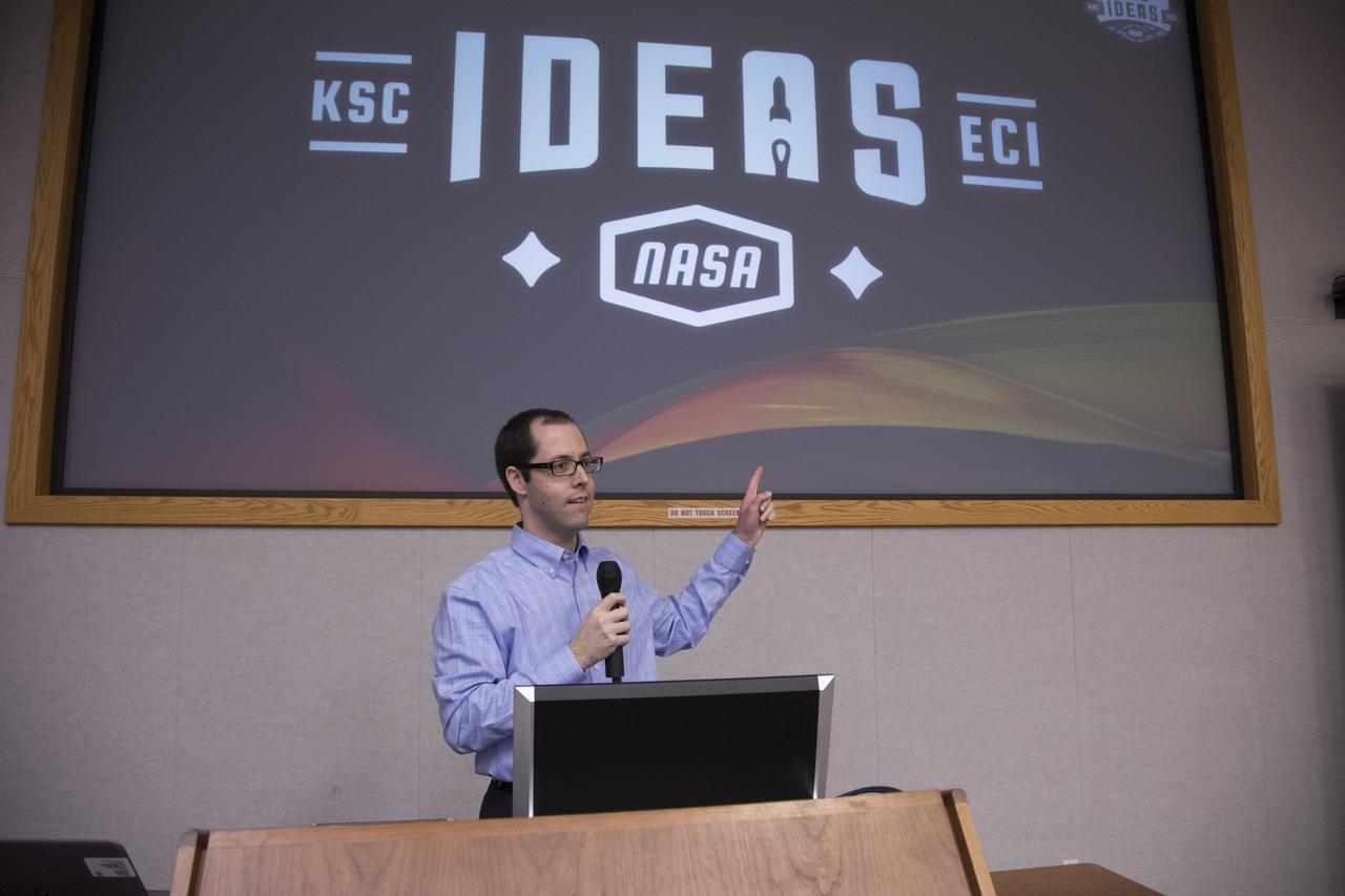 A guest speaker presents to the workforce during the 2017 Innovation Expo at NASA's Kennedy Space Center in Florida. The purpose of the annual two-day event is to help foster innovation and creativity among the Kennedy workforce. The event included several keynote speakers, training opportunities, an innovation showcase and the KSC Kickstart competition. 