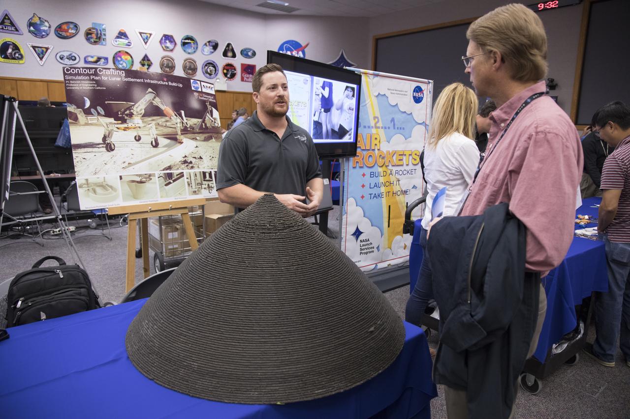 A "moon dust" beehive is on display during the 2017 Innovation Expo showcase at NASA's Kennedy Space Center in Florida. The purpose of the annual two-day event is to help foster innovation and creativity among the Kennedy workforce. The event included several keynote speakers, training opportunities, an innovation showcase and the KSC Kickstart competition. 