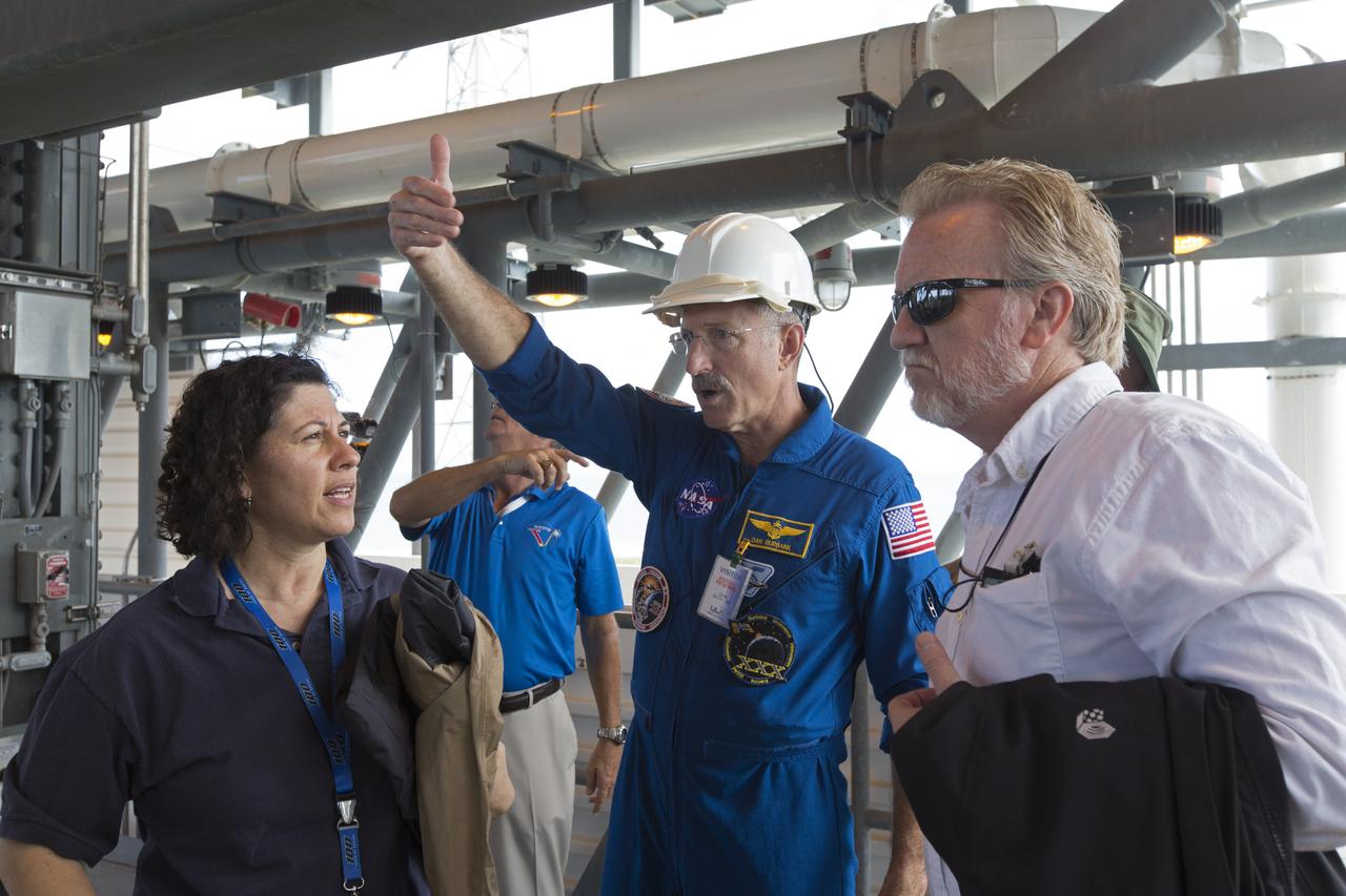 NASA, Boeing and United Launch Alliance personnel discuss procedures for an upcoming water deluge test on the Crew Access Tower at Space Launch Complex 41 on Cape Canaveral Air Force Station in Florida. The test gathered data on how launch site and astronaut crews would exit in the event of an emergency from the white room at the end of the crew access arm to the emergency escape system on the pad. Boeing’s Starliner will launch on a United Launch Alliance Atlas V rocket to the International Space Station as part of NASA’s Commercial Crew Program.