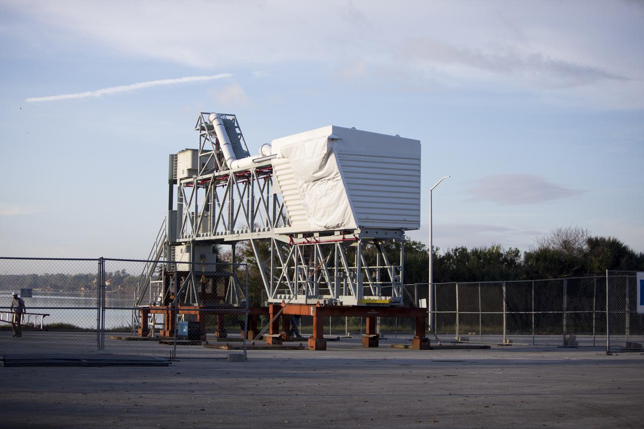 The Orion crew access arm is secured in a storage location at NASA's Kennedy Space Center in Florida. The access arm will be prepared for its move to the mobile launcher (ML) tower near the Vehicle Assembly Building at the center. The crew access arm will be installed at about the 274-foot level on the tower. It will rotate from its retracted position and interface with the Orion crew hatch location to provide entry to the Orion crew module. The Ground Systems Development and Operations Program is overseeing installation of umbilicals and launch accessories on the ML tower. 