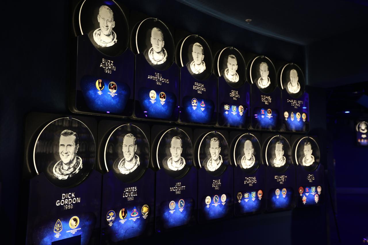 In the Heroes and Legends exhibit at the Kennedy Space Center Visitor Complex, former NASA astronaut Richard Gordon's plaque is seen among others enshrined in the U.S. Astronaut Hall of Fame. Gordon performed two spacewalks during Gemini XI in 1966 and was command module pilot on Apollo 12 in 1969. Gordon died Nov. 6, 2017, at the age of 88.
