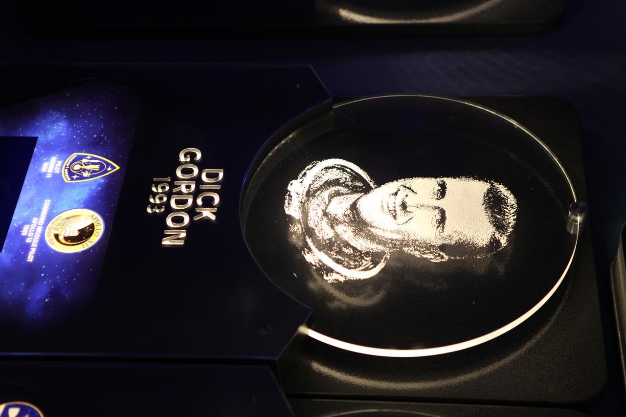 In the Heroes and Legends exhibit at the Kennedy Space Center Visitor Complex, former NASA astronaut Richard Gordon's plaque is seen among other enshrines of the U.S. Astronaut Hall of Fame. Gordon performed two spacewalks during Gemini XI in 1966 and was command module pilot on Apollo 12 in 1969. Gordon died Nov. 6, 2017, at the age of 88.