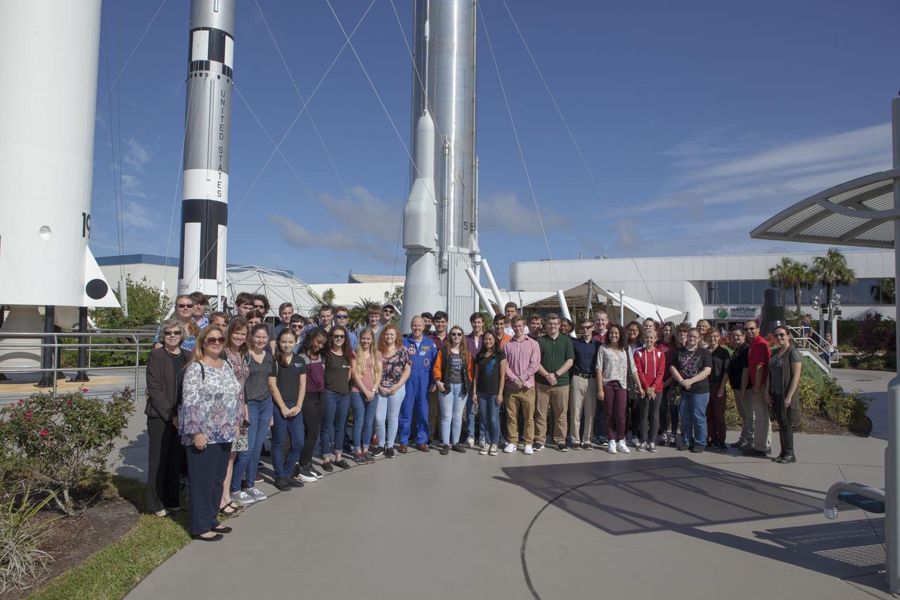 Retired NASA astronaut Tom Jones is with top scholars from Brevard County public high schools in the Rocket Garden at the NASA Kennedy Space Center Visitor Complex in Florida. Top scholars from the high schools were invited to Kennedy Space Center for a tour of facilities, lunch and a roundtable discussion with engineers and scientists at the center. The 2017-2018 Brevard Top Scholars event was hosted by the center's Education Projects and Youth Engagement office to honor the top three scholars of the 2017-2018 graduating student class from each of Brevard County’s public high schools. They students received a personalized certificate at the end of the day.