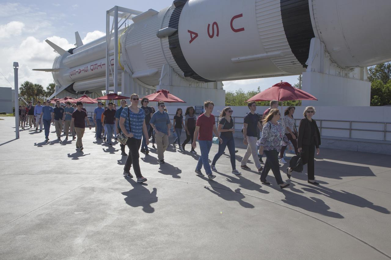 Students from Brevard County public high schools arrive at the NASA Kennedy Space Center Visitor Complex in Florida. Top scholars from the high schools were invited to Kennedy Space Center for a tour of facilities, lunch and a roundtable discussion with engineers and scientists at the center. The 2017-2018 Brevard Top Scholars event was hosted by the center's Education Projects and Youth Engagement office to honor the top three scholars of the graduating student class from each of Brevard County’s public high schools. The students received a personalized certificate at the end of the day.