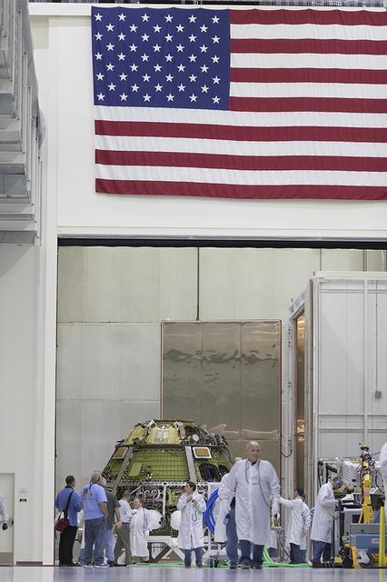 The Orion crew module for Exploration Mission-1 was moved into the thermal chamber in the Neil Armstrong Operations and Checkout Building high bay at NASA's Kennedy Space Center in Florida. The crew module will undergo a thermal cycle test to assess the workmanship of critical hardware and structural locations. The test also demonstrates crew module subsystem operations in a thermally stressing environment to confirm no damage or anomalous hardware conditions as a result of the test. The Orion spacecraft will launch atop NASA's Space Launch System rocket on its first uncrewed integrated flight. 