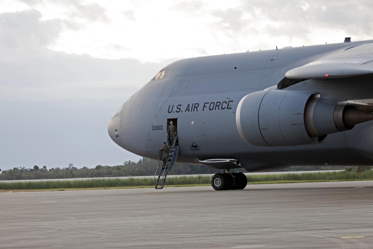 A C-5 transport aircraft arrives at the Shuttle Landing Facility at NASA's Kennedy Space Center in Florida, carrying the Geostationary Operation Environmental Satellite-S (GOES-S). The satellite will be offloaded and transported to the Astrotech Space Operations facility in Titusville, Florida. GOES-S is the second in a series of four advanced geostationary weather satellites. The GOES-R series - consisting of the GOES-R, GOES-S, GOES-T and GOES-U spacecraft - will significantly improve the detection and observation of environmental phenomena that directly affect public safety, protection of property and the nation's economic health and prosperity. GOES-S is slated to launch March 1, 2018 aboard a United Launch Alliance Atlas V rocket from Cape Canaveral Air Force Station in Florida. 