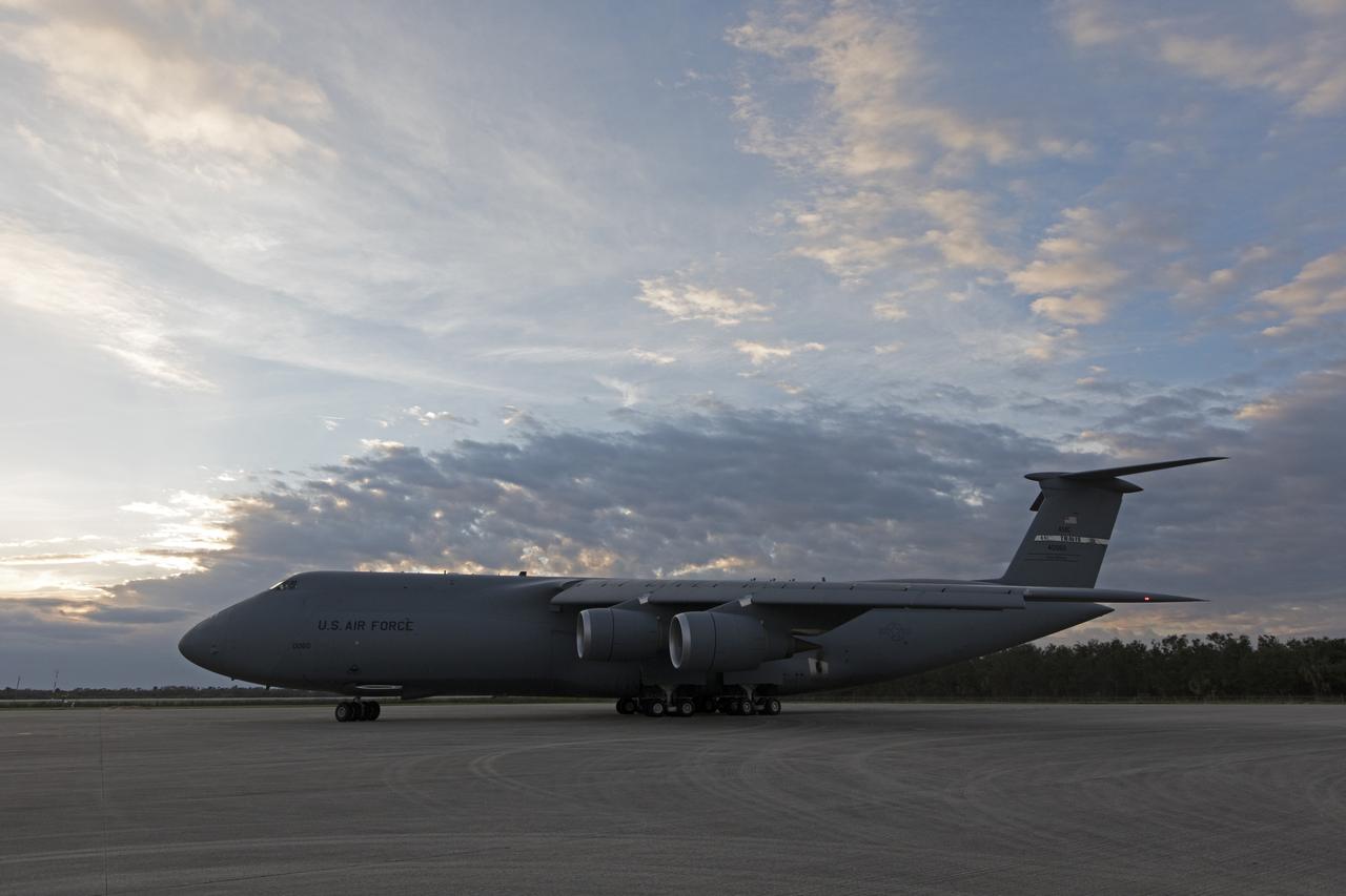 A C-5 transport aircraft arrives at the Shuttle Landing Facility at NASA's Kennedy Space Center in Florida, carrying the Geostationary Operation Environmental Satellite-S (GOES-S). The satellite will be offloaded and transported to the Astrotech Space Operations facility in Titusville, Florida. GOES-S is the second in a series of four advanced geostationary weather satellites. The GOES-R series - consisting of the GOES-R, GOES-S, GOES-T and GOES-U spacecraft - will significantly improve the detection and observation of environmental phenomena that directly affect public safety, protection of property and the nation's economic health and prosperity. GOES-S is slated to launch March 1, 2018 aboard a United Launch Alliance Atlas V rocket from Cape Canaveral Air Force Station in Florida. 