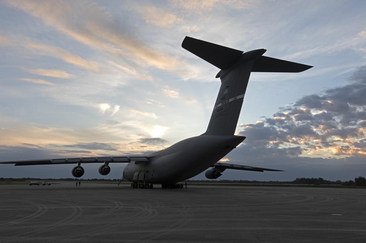 A C-5 transport aircraft arrives at the Shuttle Landing Facility at NASA's Kennedy Space Center in Florida, carrying the Geostationary Operation Environmental Satellite-S (GOES-S). The satellite will be offloaded and transported to the Astrotech Space Operations facility in Titusville, Florida. GOES-S is the second in a series of four advanced geostationary weather satellites. The GOES-R series - consisting of the GOES-R, GOES-S, GOES-T and GOES-U spacecraft - will significantly improve the detection and observation of environmental phenomena that directly affect public safety, protection of property and the nation's economic health and prosperity. GOES-S is slated to launch March 1, 2018 aboard a United Launch Alliance Atlas V rocket from Cape Canaveral Air Force Station in Florida.