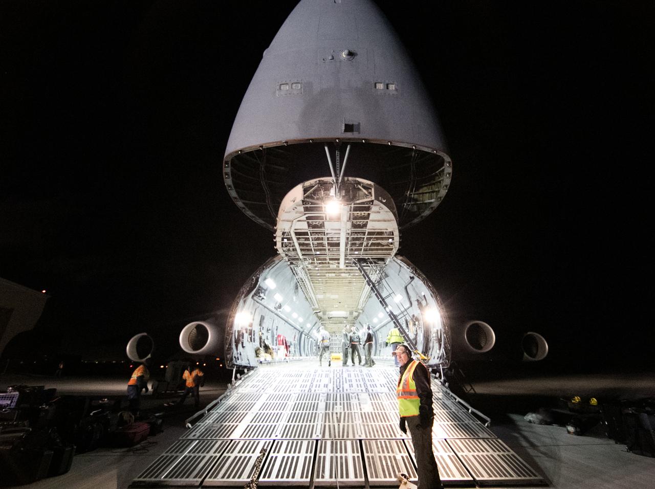 At Buckley Air Force Base in Aurora, Colorado, the front of a U.S. Air Force C-5M super Galaxy cargo aircraft has been raised to allow NOAA's Geostationary Operational Environmental Satellite-S (GOES-S) to be loaded into the cargo hold. GOES-S will be flown to NASA's Kennedy Space Center in Florida. After it arrives at Kennedy's Shuttle Landing Facility, it will be offloaded and transported to the Astrotech Space Operations facility in Titusville, Florida, to prepare it for launch. GOES-S is the second in a series of four advanced geostationary weather satellites. The GOES-R series - consisting of the GOES-R, GOES-S, GOES-T and GOES-U spacecraft - will significantly improve the detection and observation of environmental phenomena that directly affect public safety, protection of property and the nation's economic health and prosperity. GOES-S is slated to launch March 1, 2018 aboard a United Launch Alliance Atlas V rocket from Cape Canaveral Air Force Station in Florida.