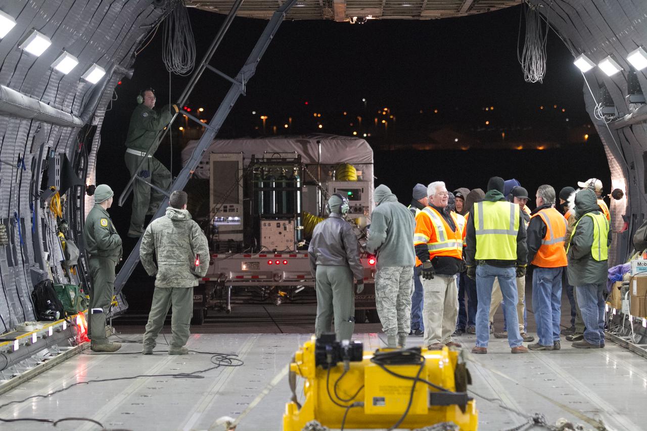 At Buckley Air Force Base in Aurora, Colorado, the front of a U.S. Air Force C-5M super Galaxy cargo aircraft has been raised to allow NOAA's Geostationary Operational Environmental Satellite-S (GOES-S) to be loaded into the cargo hold. GOES-S will be flown to NASA's Kennedy Space Center in Florida. After it arrives at Kennedy's Shuttle Landing Facility, it will be offloaded and transported to the Astrotech Space Operations facility in Titusville, Florida, to prepare it for launch. GOES-S is the second in a series of four advanced geostationary weather satellites. The GOES-R series - consisting of the GOES-R, GOES-S, GOES-T and GOES-U spacecraft - will significantly improve the detection and observation of environmental phenomena that directly affect public safety, protection of property and the nation's economic health and prosperity. GOES-S is slated to launch March 1, 2018 aboard a United Launch Alliance Atlas V rocket from Cape Canaveral Air Force Station in Florida. 