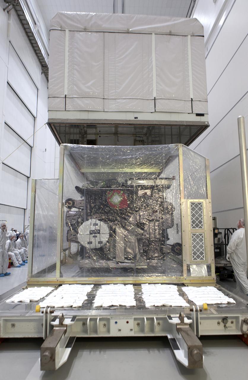 At Astrotech Space Operations in Titusville, Florida, NOAA's Geostationary Operational Environmental Satellite-S (GOES-S) is uncrated from its shipping container. The facility is located near NASA's Kennedy Space Center. GOES-S is the second in a series of four advanced geostationary weather satellites. The GOES-R series - consisting of the GOES-R, GOES-S, GOES-T and GOES-U spacecraft - will significantly improve the detection and observation of environmental phenomena that directly affect public safety, protection of property and the nation's economic health and prosperity. GOES-S is slated to launch March 1, 2018 aboard a United Launch Alliance Atlas V rocket from Cape Canaveral Air Force Station in Florida. 