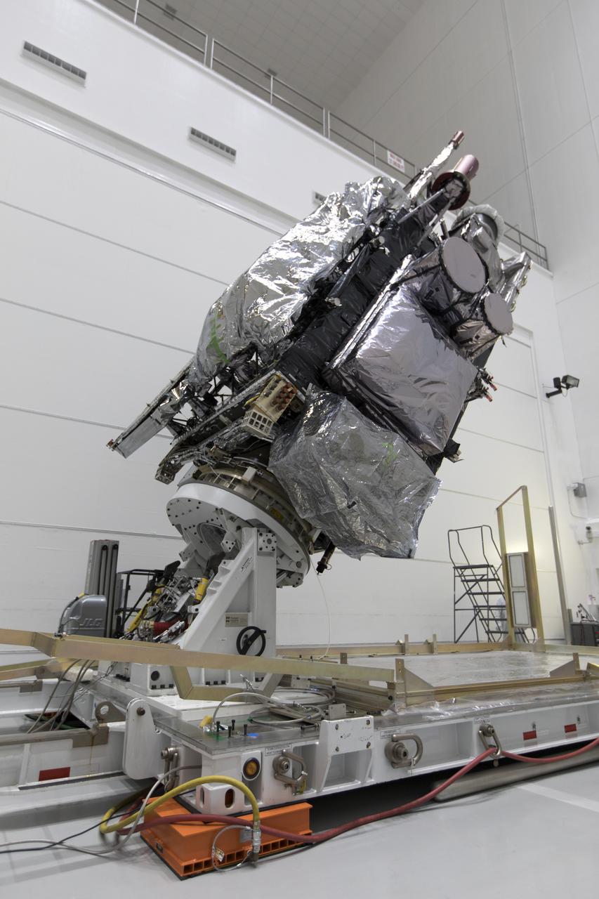 At Astrotech Space Operations in Titusville, Florida, NOAA's Geostationary Operational Environmental Satellite-S (GOES-S) is rotated to a vertical position after it was uncrated from its shipping container. The facility is located near NASA's Kennedy Space Center. GOES-S is the second in a series of four advanced geostationary weather satellites. The GOES-R series - consisting of the GOES-R, GOES-S, GOES-T and GOES-U spacecraft - will significantly improve the detection and observation of environmental phenomena that directly affect public safety, protection of property and the nation's economic health and prosperity. GOES-S is slated to launch March 1, 2018 aboard a United Launch Alliance Atlas V rocket from Cape Canaveral Air Force Station in Florida. 