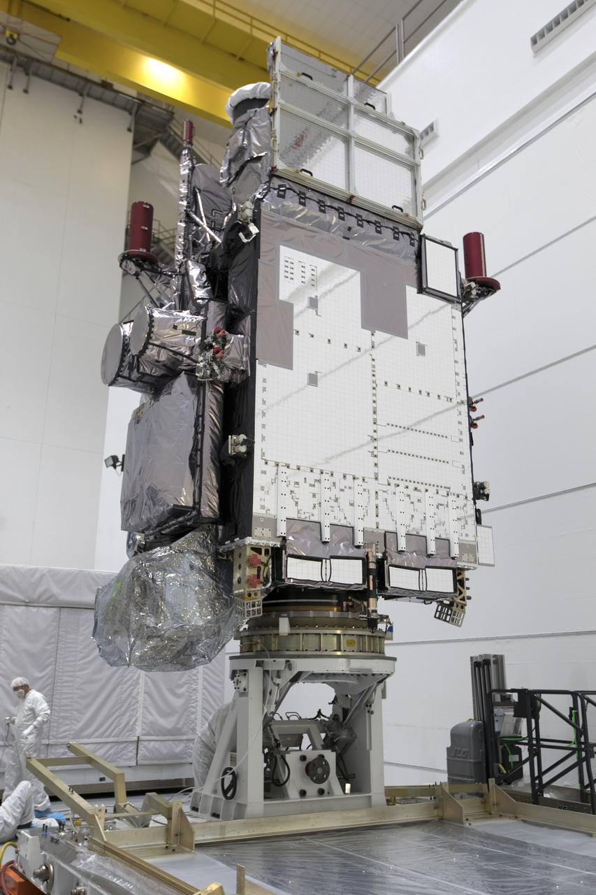 At Astrotech Space Operations in Titusville, Florida, NOAA's Geostationary Operational Environmental Satellite-S (GOES-S) has been rotated to a vertical position after it was uncrated from its shipping container. The facility is located near NASA's Kennedy Space Center. GOES-S is the second in a series of four advanced geostationary weather satellites. The GOES-R series - consisting of the GOES-R, GOES-S, GOES-T and GOES-U spacecraft - will significantly improve the detection and observation of environmental phenomena that directly affect public safety, protection of property and the nation's economic health and prosperity. GOES-S is slated to launch March 1, 2018 aboard a United Launch Alliance Atlas V rocket from Cape Canaveral Air Force Station in Florida. 