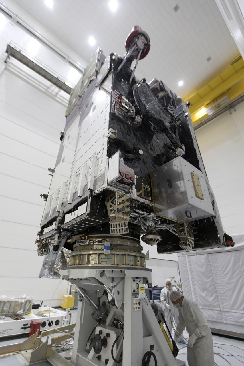 At Astrotech Space Operations in Titusville, Florida, NOAA's Geostationary Operational Environmental Satellite-S (GOES-S) has been rotated to a vertical position after it was uncrated from its shipping container. The facility is located near NASA's Kennedy Space Center. GOES-S is the second in a series of four advanced geostationary weather satellites. The GOES-R series - consisting of the GOES-R, GOES-S, GOES-T and GOES-U spacecraft - will significantly improve the detection and observation of environmental phenomena that directly affect public safety, protection of property and the nation's economic health and prosperity. GOES-S is slated to launch March 1, 2018 aboard a United Launch Alliance Atlas V rocket from Cape Canaveral Air Force Station in Florida. 