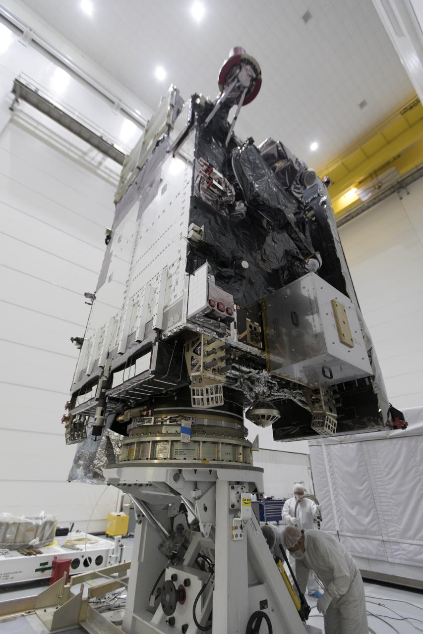 At Astrotech Space Operations in Titusville, Florida, NOAA's Geostationary Operational Environmental Satellite-S (GOES-S) has been rotated to a vertical position after it was uncrated from its shipping container. The facility is located near NASA's Kennedy Space Center. GOES-S is the second in a series of four advanced geostationary weather satellites. The GOES-R series - consisting of the GOES-R, GOES-S, GOES-T and GOES-U spacecraft - will significantly improve the detection and observation of environmental phenomena that directly affect public safety, protection of property and the nation's economic health and prosperity. GOES-S is slated to launch March 1, 2018 aboard a United Launch Alliance Atlas V rocket from Cape Canaveral Air Force Station in Florida. 