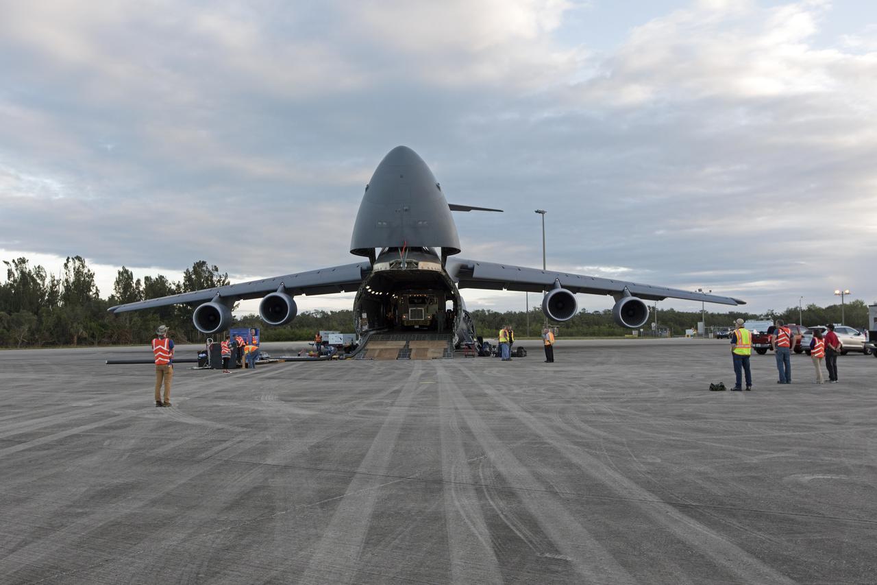 NOAA's Geostationary Operation Environmental Satellite-S (GOES-S) is being offloaded from a C-5 transport aircraft at the Shuttle Landing Facility at NASA's Kennedy Space Center in Florida. The satellite will be transported to the Astrotech Space Operations facility in Titusville, Florida to prepare it for launch. GOES-S is the second in a series of four advanced geostationary weather satellites. The GOES-R series - consisting of the GOES-R, GOES-S, GOES-T and GOES-U spacecraft - will significantly improve the detection and observation of environmental phenomena that directly affect public safety, protection of property and the nation's economic health and prosperity. GOES-S is slated to launch March 1, 2018 aboard a United Launch Alliance Atlas V rocket from Cape Canaveral Air Force Station in Florida. 