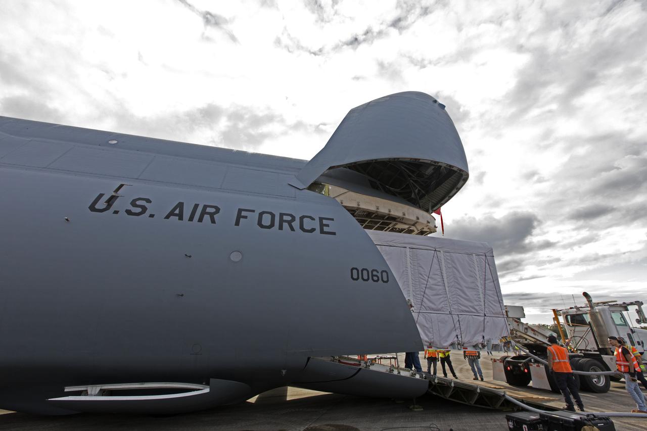 NOAA's Geostationary Operation Environmental Satellite-S (GOES-S) is being offloaded from a C-5 transport aircraft at the Shuttle Landing Facility at NASA's Kennedy Space Center in Florida. The satellite will be transported to the Astrotech Space Operations facility in Titusville, Florida to prepare it for launch. GOES-S is the second in a series of four advanced geostationary weather satellites. The GOES-R series - consisting of the GOES-R, GOES-S, GOES-T and GOES-U spacecraft - will significantly improve the detection and observation of environmental phenomena that directly affect public safety, protection of property and the nation's economic health and prosperity. GOES-S is slated to launch March 1, 2018 aboard a United Launch Alliance Atlas V rocket from Cape Canaveral Air Force Station in Florida. 