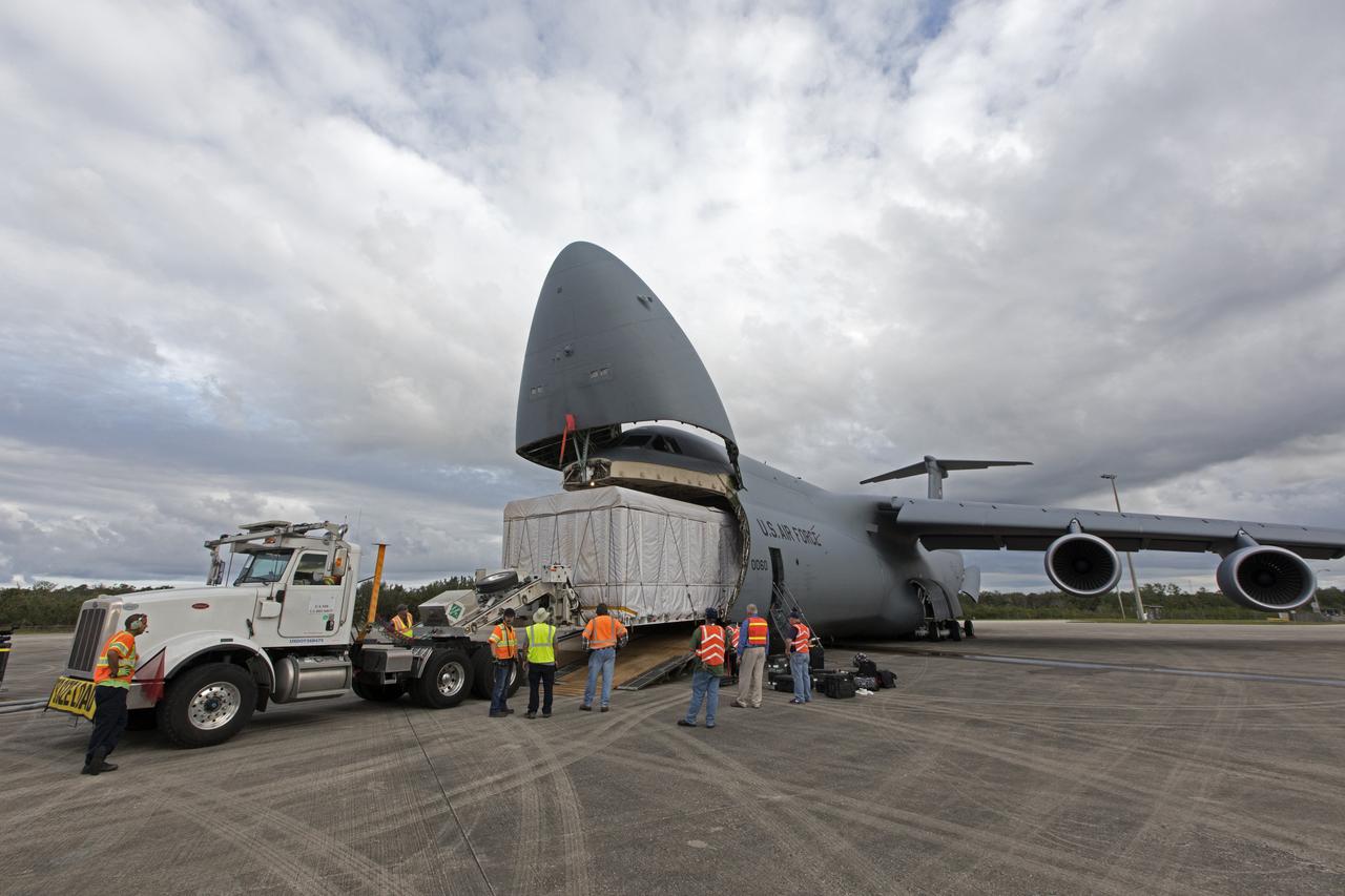NOAA's Geostationary Operation Environmental Satellite-S (GOES-S) is being offloaded from a C-5 transport aircraft onto the flatbed of a heavy-lift truck at the Shuttle Landing Facility at NASA's Kennedy Space Center in Florida. The satellite will be transported to the Astrotech Space Operations facility in Titusville, Florida to prepare it for launch. GOES-S is the second in a series of four advanced geostationary weather satellites. The GOES-R series - consisting of the GOES-R, GOES-S, GOES-T and GOES-U spacecraft - will significantly improve the detection and observation of environmental phenomena that directly affect public safety, protection of property and the nation's economic health and prosperity. GOES-S is slated to launch March 1, 2018 aboard a United Launch Alliance Atlas V rocket from Cape Canaveral Air Force Station in Florida. 