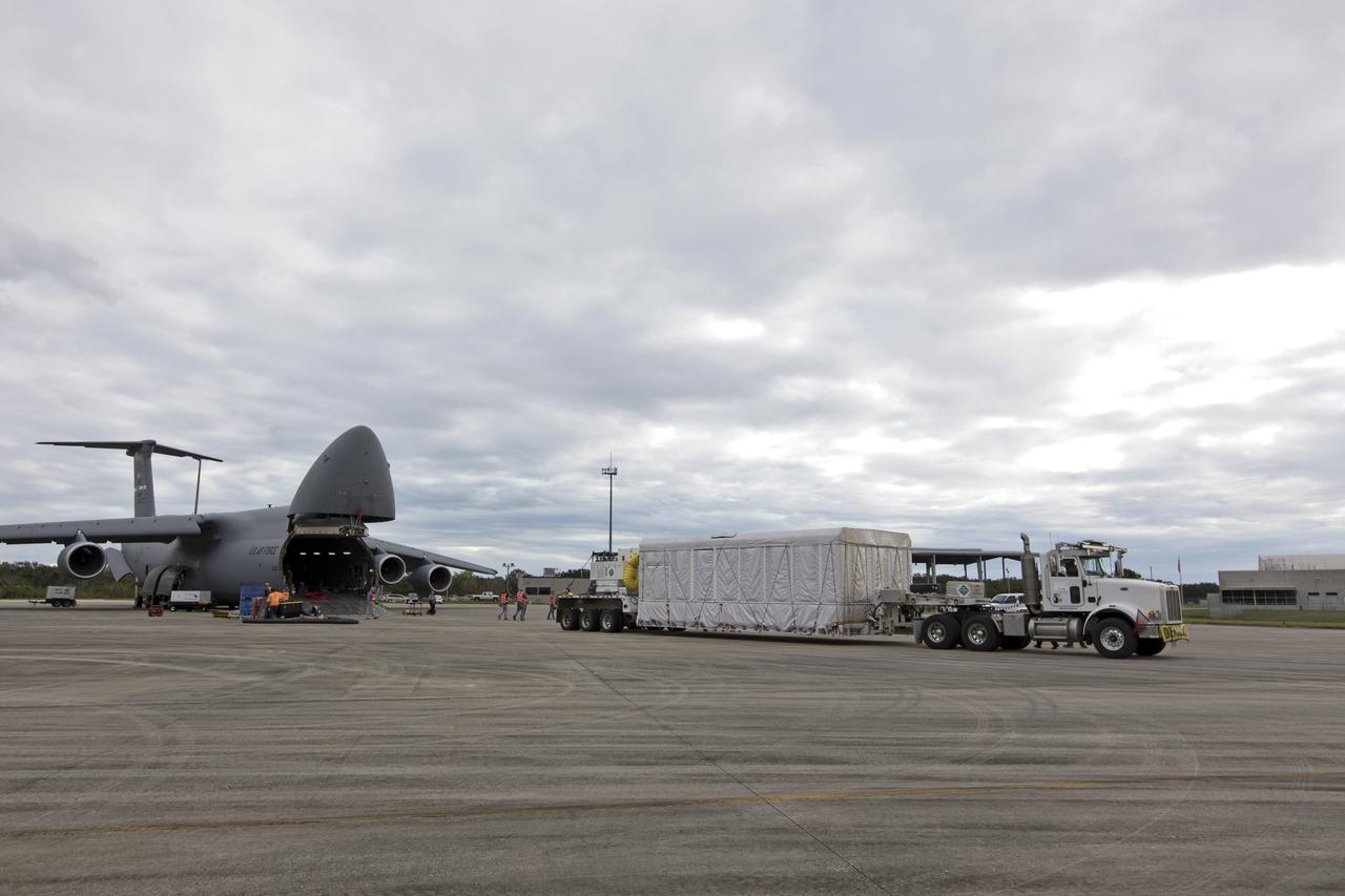 NOAA's Geostationary Operation Environmental Satellite-S (GOES-S) has been offloaded from a C-5 transport aircraft and secured onto the flatbed of a heavy-lift truck at the Shuttle Landing Facility at NASA's Kennedy Space Center in Florida. The satellite will be transported to the Astrotech Space Operations facility in Titusville, Florida to prepare it for launch. GOES-S is the second in a series of four advanced geostationary weather satellites. The GOES-R series - consisting of the GOES-R, GOES-S, GOES-T and GOES-U spacecraft - will significantly improve the detection and observation of environmental phenomena that directly affect public safety, protection of property and the nation's economic health and prosperity. GOES-S is slated to launch March 1, 2018 aboard a United Launch Alliance Atlas V rocket from Cape Canaveral Air Force Station in Florida.